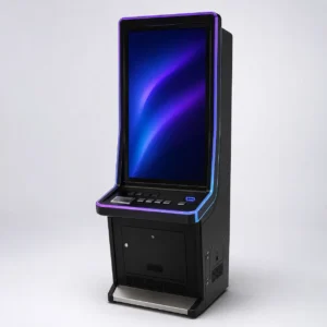 Custom black slot machine cabinet with illuminated trim