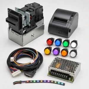 Bill acceptor, ticket printer, buttons, wiring, power supply and RGB lighting parts
