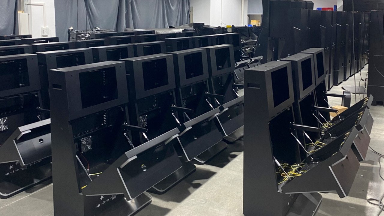 Rows of gaming cabinets in the production workshop